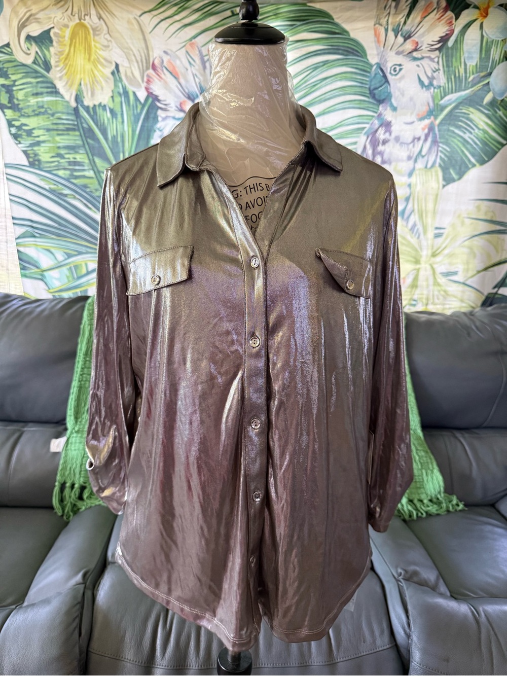 Shimmery Silver Button-Front Shirt Blouse